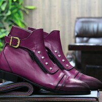 Handmade Men's Purple Leather Singal Monk Buckle Cap Toe Ankle Boots