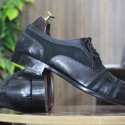  black leather & suede lace up cap toe fashion handmade men's shoes - Thumbnail 2