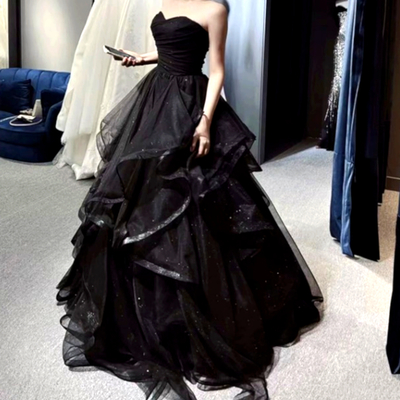 Stunning luxurious french princess off shoulder push-up bustier shiny dots lace ruffle layered gown evening dress