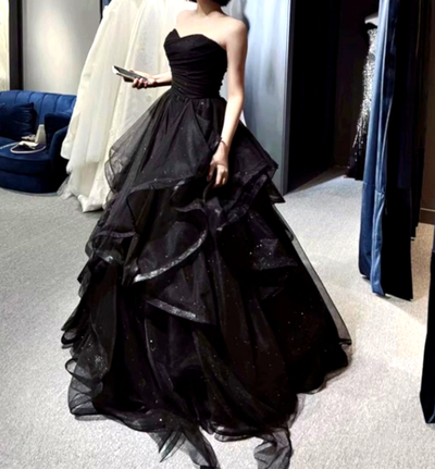 Stunning Luxurious French Princess Off Shoulder Push-up Bustier Shiny Dots Lace Ruffle Layered Gown Evening Dress