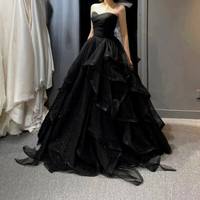 Stunning Luxurious French Princess Off Shoulder Push-up Bustier Shiny Dots Lace Ruffle Layered Gown Evening Dress - Thumbnail 1