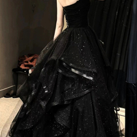 Stunning Luxurious French Princess Off Shoulder Push-up Bustier Shiny Dots Lace Ruffle Layered Gown Evening Dress - Thumbnail 2