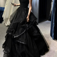 Stunning Luxurious French Princess Off Shoulder Push-up Bustier Shiny Dots Lace Ruffle Layered Gown Evening Dress - Thumbnail 4