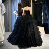 Stunning Luxurious French Princess Off Shoulder Push-up Bustier Shiny Dots Lace Ruffle Layered Gown Evening Dress - Thumbnail 5