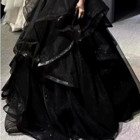 Stunning Luxurious French Princess Off Shoulder Push-up Bustier Shiny Dots Lace Ruffle Layered Gown Evening Dress - Thumbnail 7