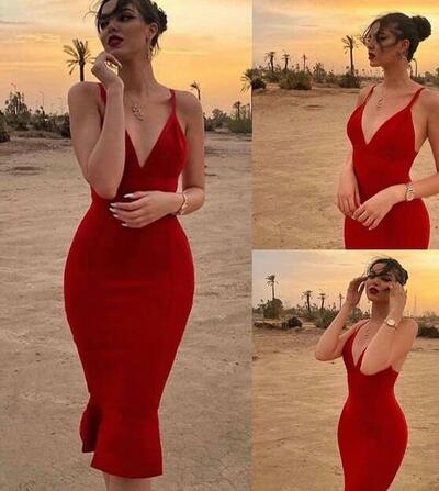 Simple V Neck Straps Red Short Prom Dress