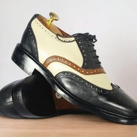 Men's Multi Tone Leather Lace Up Wing Tip Handmade Office Shoes - Thumbnail 1