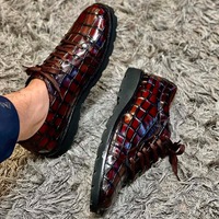 Handmade Men's Brown Alligator Print Leather Lace Up Chunky Sole Dress Shoes - Thumbnail 1