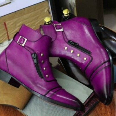 Handmade men's purple leather singal monk buckle cap toe ankle boots - Thumbnail 4