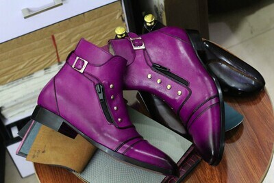 Handmade Men's Purple Leather Singal Monk Buckle Cap Toe Ankle Boots