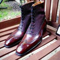 Handmade Men's Two Tone Leather & Pebbled Leather Lace Up Wing Tip Dress Ankle High Boots - Thumbnail 1