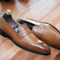 Handmade Men's Brown Leather Penny Loafer Fashion Shoes - Thumbnail 1