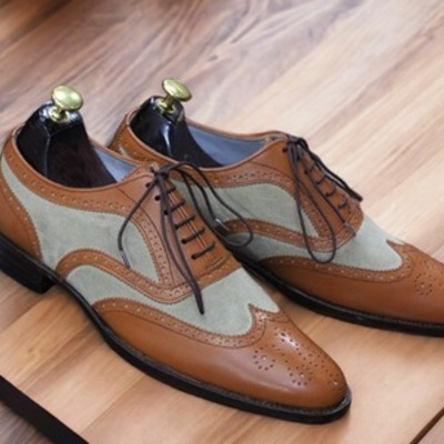 Men's two tone leather & suede lace up wing tip handmade office shoes - Thumbnail 2