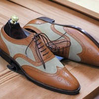 Men's Two Tone Leather & Suede Lace Up Wing Tip Handmade Office Shoes - Thumbnail 1