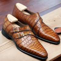 Handmade Brown Double Buckle Alligator Print Leather Shoes - Thumbnail 3