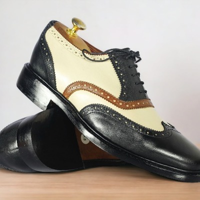 Men's multi tone leather lace up brogue toe handmade fashion shoes