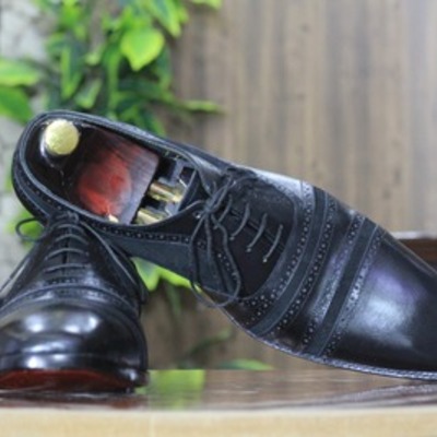  men's black leather & suede handmade lace up cap toe fashion shoes - Thumbnail 3