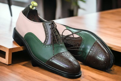 Multi Tone Leather Lace Up Brogue Toe Handmade Men's Fashion Shoes