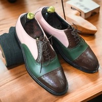 Multi Tone Leather Lace Up Brogue Toe Handmade Men's Fashion Shoes - Thumbnail 1
