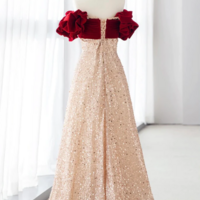 Champagne A Line velvet Long Prom Dress, Champagne Tulle Sequin Long Formal Dress KPP1776 - Thumbnail 1