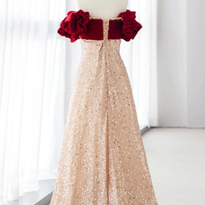 Champagne a line velvet long prom dress, champagne tulle sequin long formal dress kpp1776