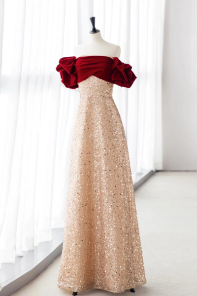 Champagne A Line velvet Long Prom Dress, Champagne Tulle Sequin Long Formal Dress KPP1776