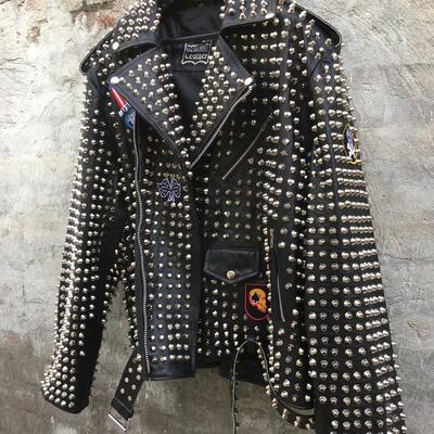 Crafted leather mens punk rock full silver studded patches black leather jacket - Thumbnail 3