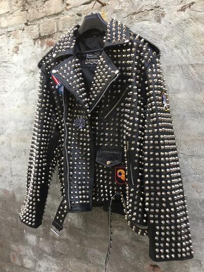 Crafted Leather Mens Punk Rock Full Silver Studded Patches Black Leather Jacket