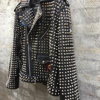 Crafted Leather Mens Punk Rock Full Silver Studded Patches Black Leather Jacket - Thumbnail 2