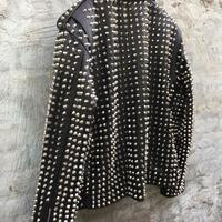 Crafted Leather Mens Punk Rock Full Silver Studded Patches Black Leather Jacket - Thumbnail 1