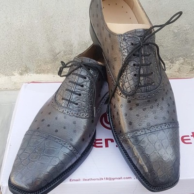 Crafted leather mens gray classic ostrich and crocodile texture leather lace up alligator dress oxford shoes - Thumbnail 4