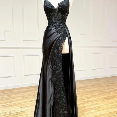 Black v-neck satin lace long prom dress, black spaghetti strap evening dress with slit - Thumbnail 2