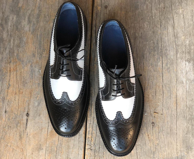 Handmade White & Black Wing Tip Brogue Leather Lace Up Dress Shoes For Men's