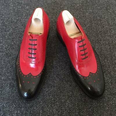 Handmade Mens Red and Black Wingtip Oxfords Dress Shoes