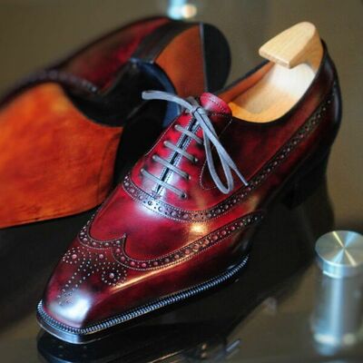 Handmade red oxford patina leather wingtip dress shoes - Thumbnail 1