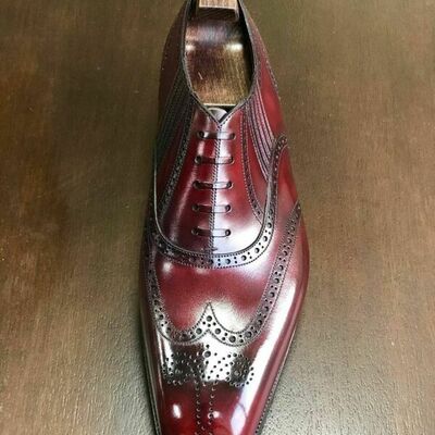 Mens custom made red color wingtip oxford lace up dress shoes - Thumbnail 3