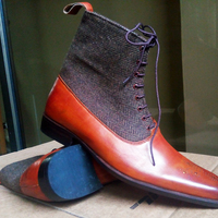 Handmade Ankle High Leather & Tweed Boots, Dress Men's Fashion Boots, Dress Boot - Thumbnail 1
