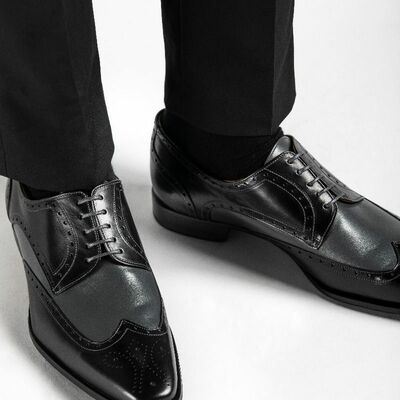 Oxford wing tip two tone full brogue toe black gray real leather formal shoes