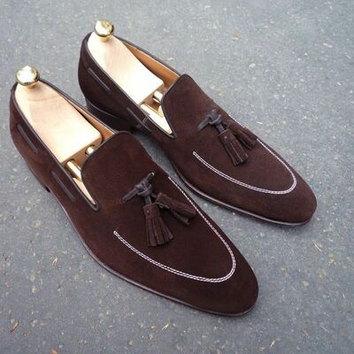 New men's handmade dress formal tussle loafers burgundy slip on suede shoes