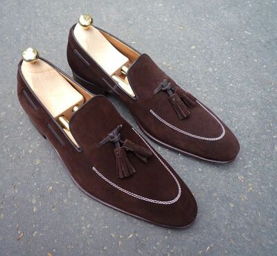 New Men's Handmade Dress Formal Tussle Loafers Burgundy slip on Suede Shoes