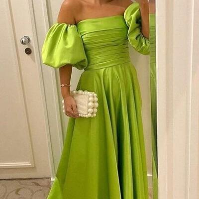 Sexy off shoulder green prom dress with puff sleeve  - Thumbnail 3