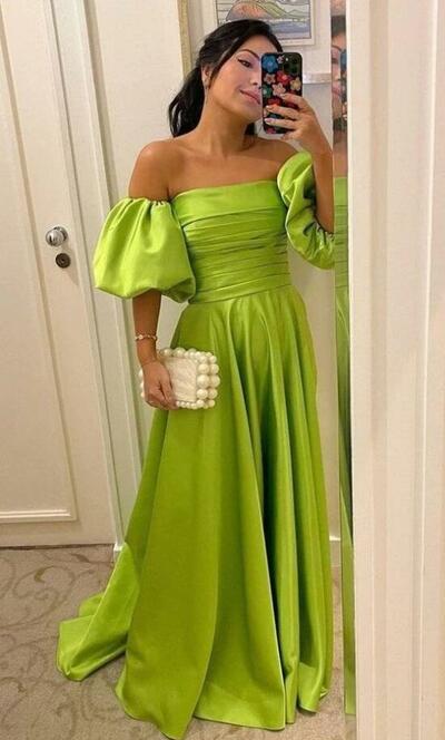 Sexy Off Shoulder Green Prom Dress With Puff Sleeve 