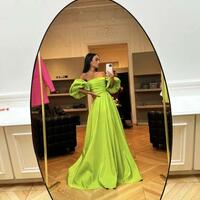 Sexy Off Shoulder Green Prom Dress With Puff Sleeve  - Thumbnail 1
