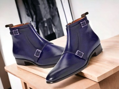 Handmade Men's Double Monk Buckle Leather Blue Ankle Boots