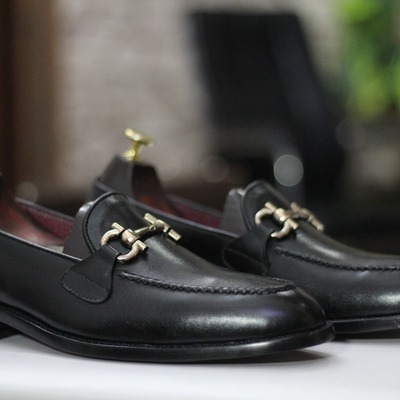 Handmade men's black leather horse bit slip on loafer shoes - Thumbnail 3