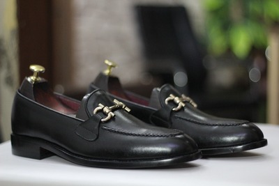 Handmade Men's Black Leather Horse Bit Slip on Loafer Shoes