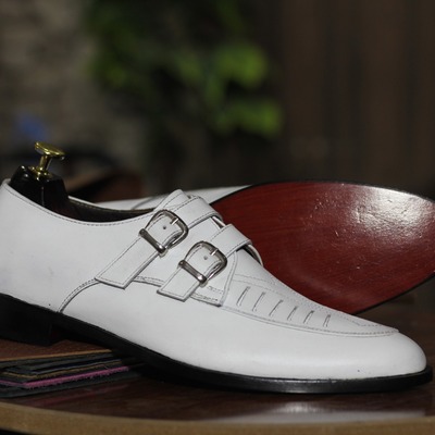 White handmade men's leather fashion double buckle monk slip on loafer shoes