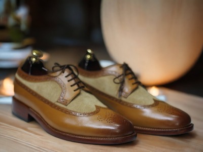Men's Brown Leather & Beige Suede Lace Up Wing Tip Handmade Dress Shoes