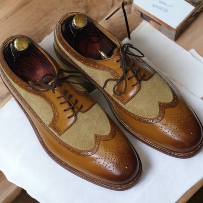 Men's brown leather & beige suede lace up wing tip handmade dress shoes - Thumbnail 3