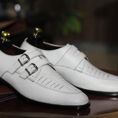 White leather handmade men's fashion double buckle monk slip on loafer shoes - Thumbnail 4